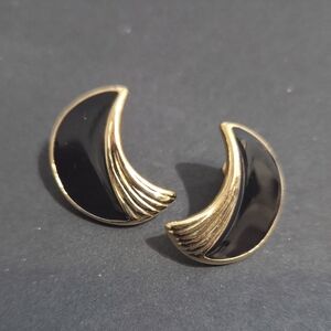Trifari Signed Black and Gold Crescent Earrings